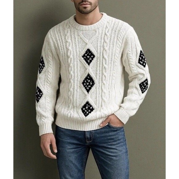 Vintage Hand Knit Chunky Sweater L White Blue Fisherman Aran Nordic